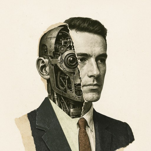 A man in a suit with half of his face and head illustrated as mechanical gears and machinery, blending human and robot features.