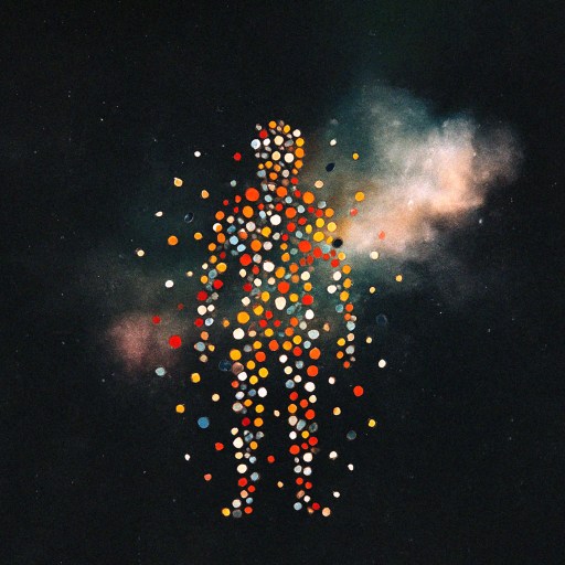 Silhouette of a human figure made up of colorful dots with a cloud-like mist behind it, set against a dark background.