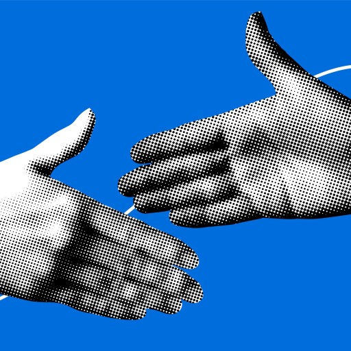 Two stylized, pixelated hands reaching toward each other as if about to shake hands, inspired by Aaron Hurst, set against a solid blue background with white circular lines.