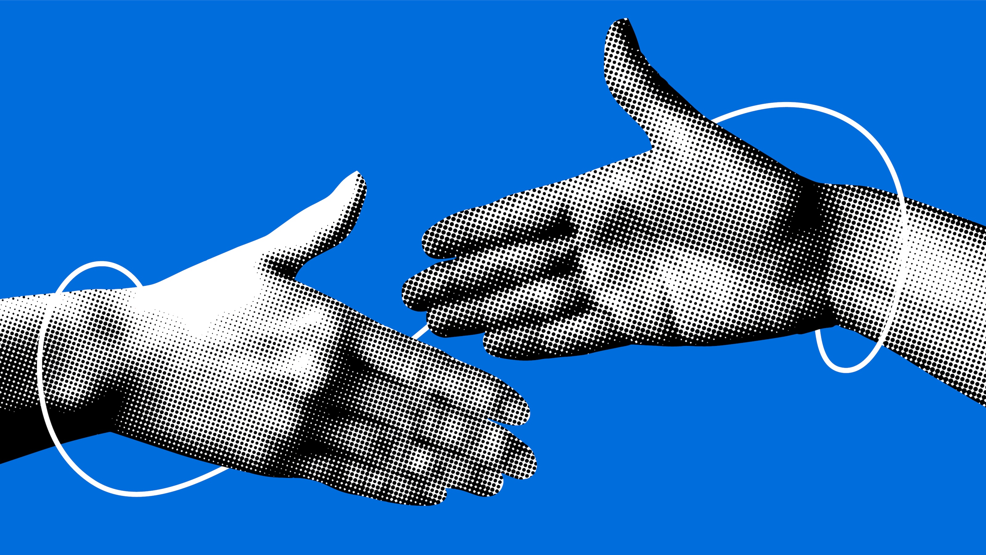 Two stylized, pixelated hands reaching toward each other as if about to shake hands, inspired by Aaron Hurst, set against a solid blue background with white circular lines.