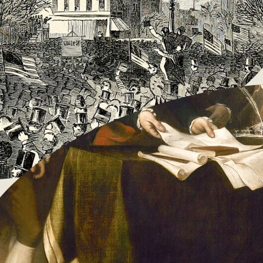 A historical illustration shows a crowd gathered outdoors, with a separate close-up of hands sorting through documents at a desk.