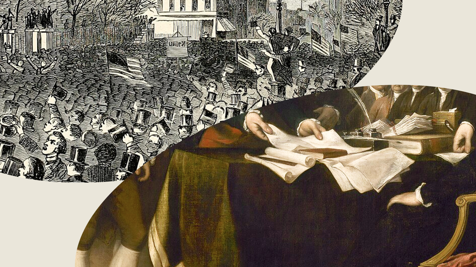 A historical illustration shows a crowd gathered outdoors, with a separate close-up of hands sorting through documents at a desk.