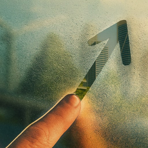 A finger draws an upward-pointing arrow on a foggy window, with buildings and greenery visible through the glass.