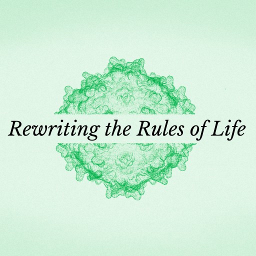 Green decorative geometric shape with the text "Rewriting the Rules of Life" written in black serif font across the center on a light green background.