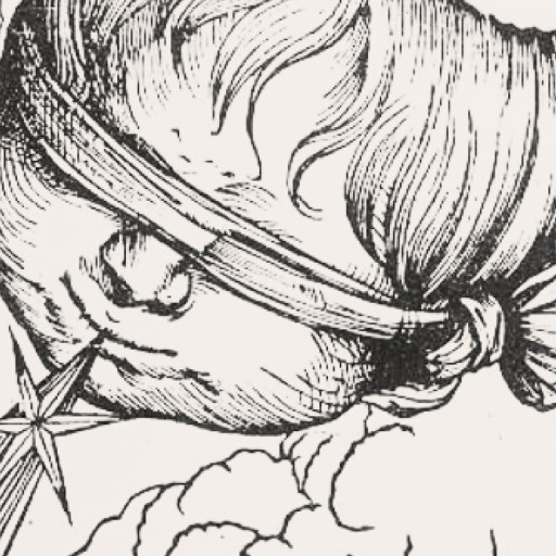 Black and white illustration of a person passing wind amid clouds, with the gas depicted as a sharp burst.