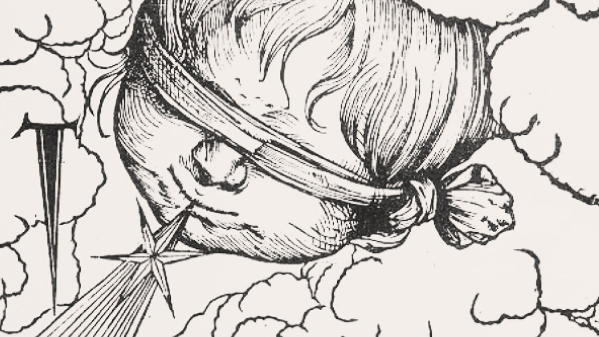 Black and white illustration of a person passing wind amid clouds, with the gas depicted as a sharp burst.