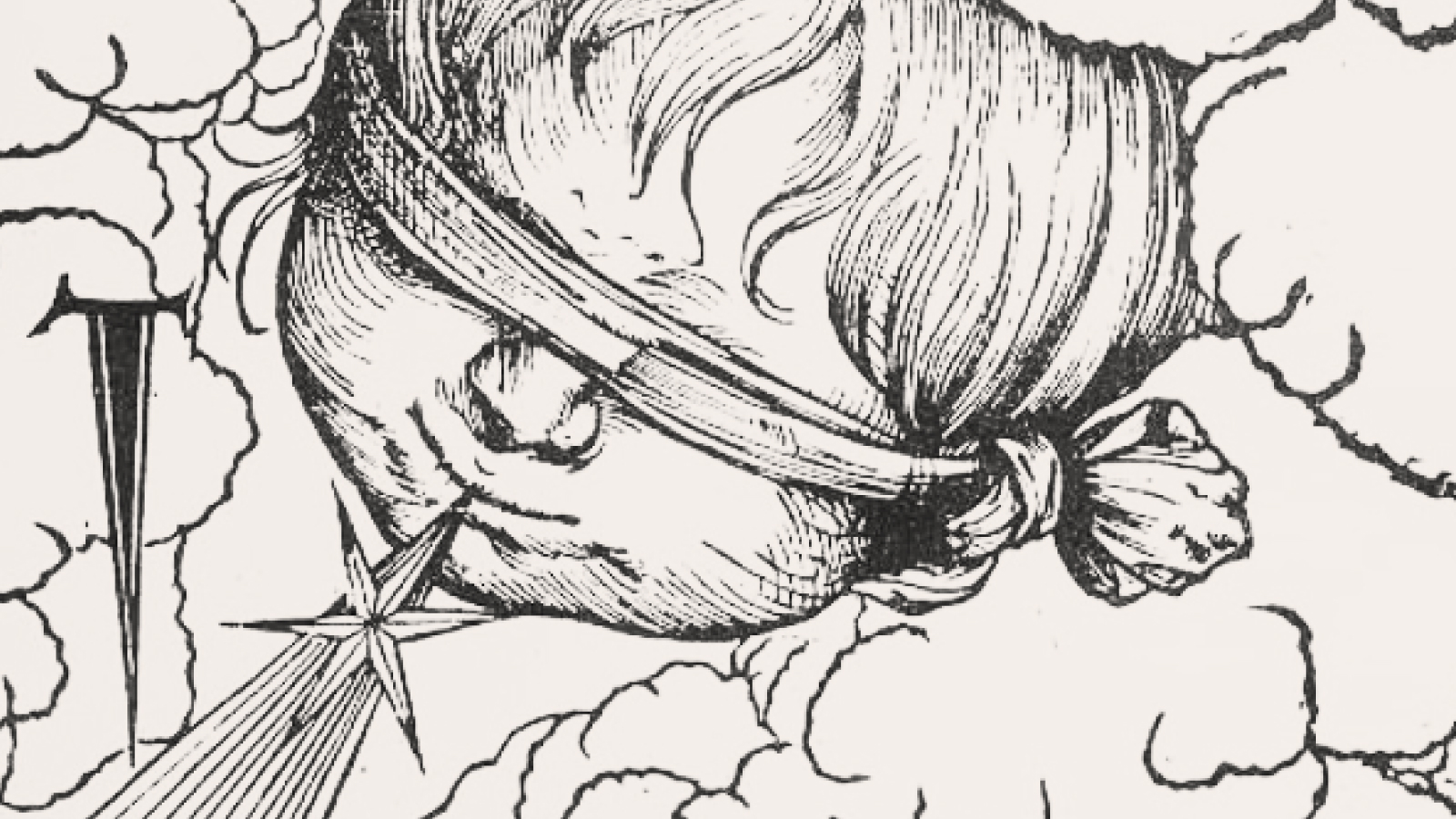 Black and white illustration of a person passing wind amid clouds, with the gas depicted as a sharp burst.