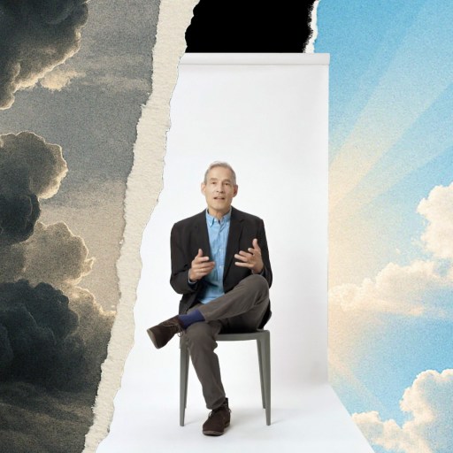 A man in a suit sits on a chair against a white backdrop, with torn paper edges revealing dark storm clouds on the left and a sunny sky with clouds on the right.