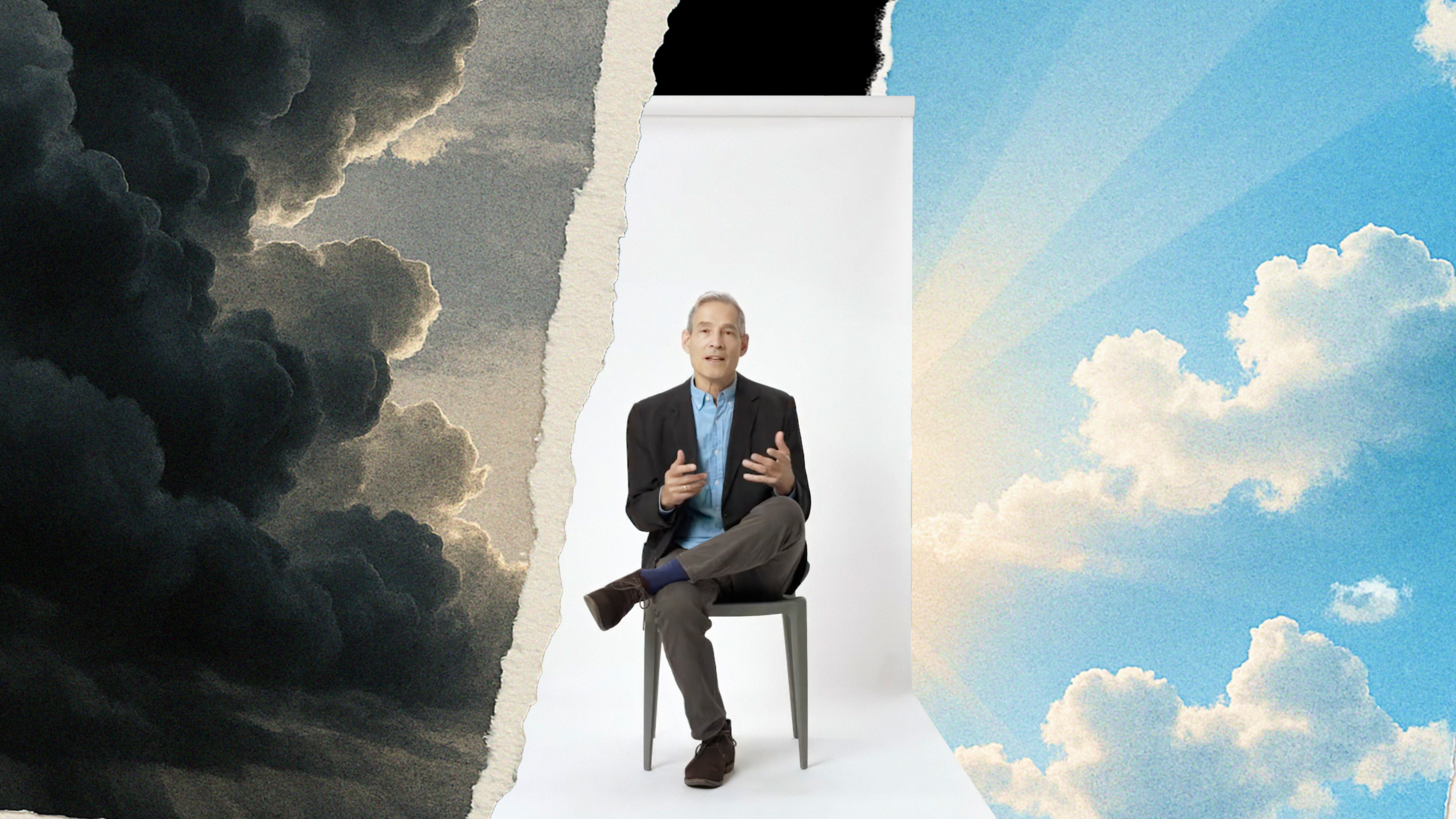 A man in a suit sits on a chair against a white backdrop, with torn paper edges revealing dark storm clouds on the left and a sunny sky with clouds on the right.
