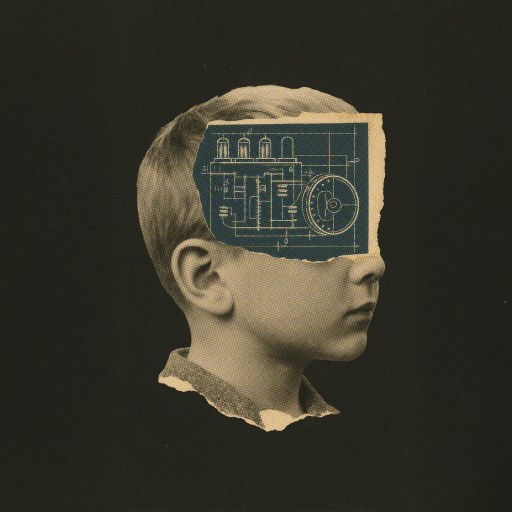 A black-and-white photo of a child’s profile with a torn section revealing a technical blueprint illustration over the head area.