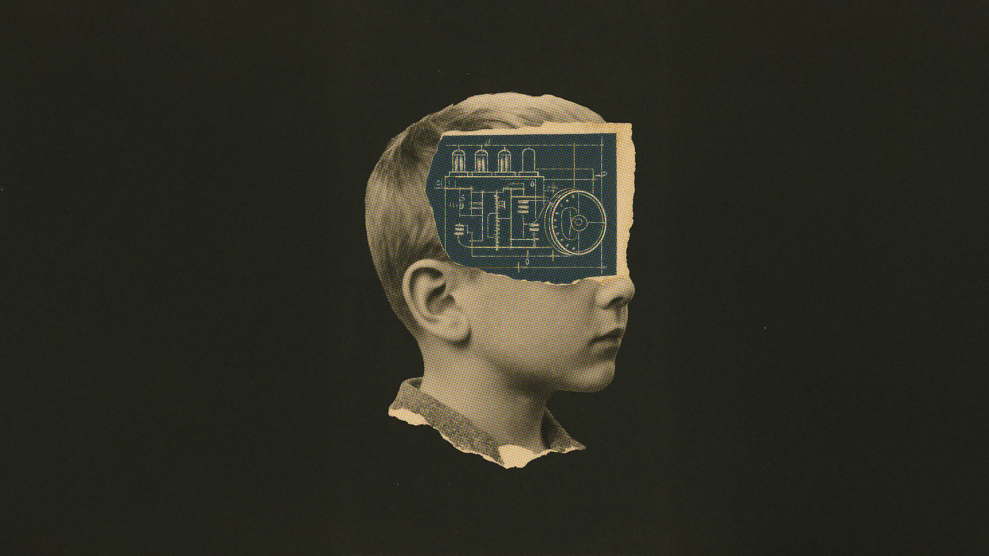 A black-and-white photo of a child’s profile with a torn section revealing a technical blueprint illustration over the head area.