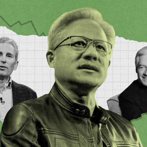 Three men in business attire and jackets stand before a collage background, featuring downward-trending graph lines on green paper, each displaying a CEO superpower as they navigate challenging markets.