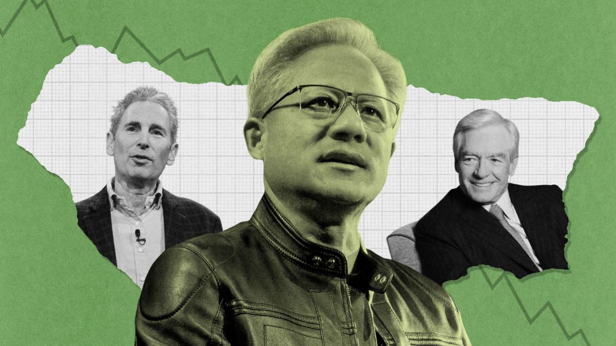 Three men in business attire and jackets stand before a collage background, featuring downward-trending graph lines on green paper, each displaying a CEO superpower as they navigate challenging markets.