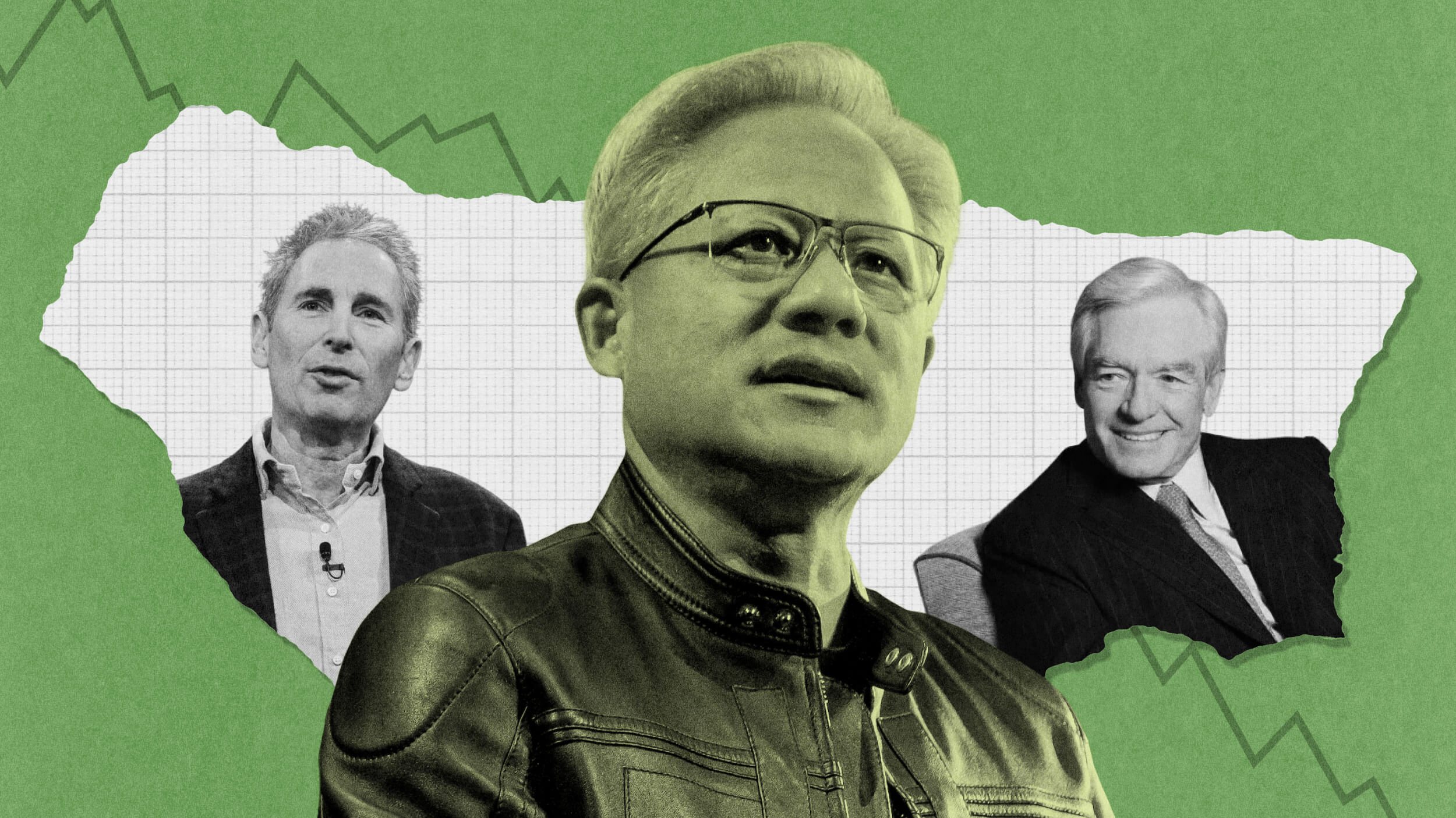 Three men in business attire and jackets stand before a collage background, featuring downward-trending graph lines on green paper, each displaying a CEO superpower as they navigate challenging markets.