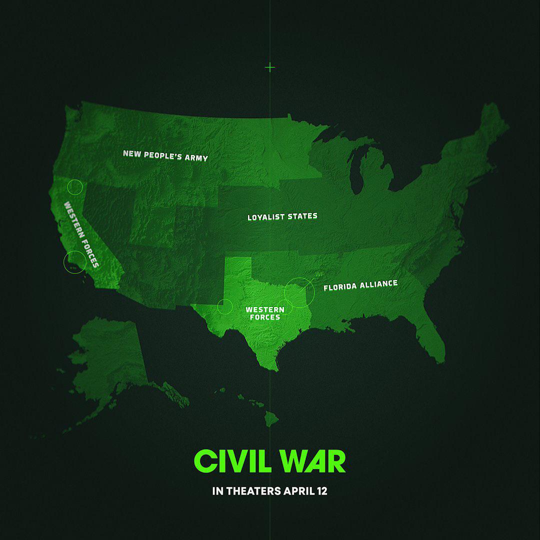 A green-tinted map of the U.S. shows regions labeled New People&rsquo;s Army, Western Forces, Loyalist States, and Florida Alliance. Text below reads: "Civil War in theaters April 12.