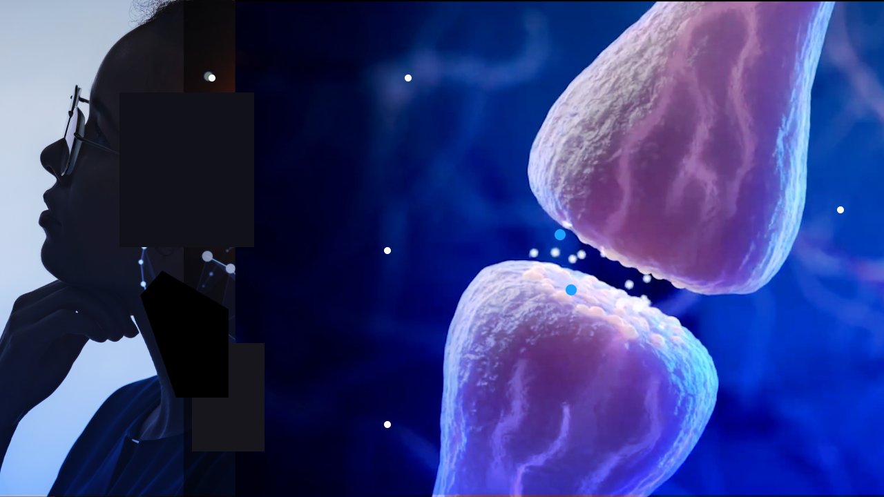 A silhouette of a person in profile thinking, juxtaposed with a close-up illustration of a synapse releasing neurotransmitters in blue light.