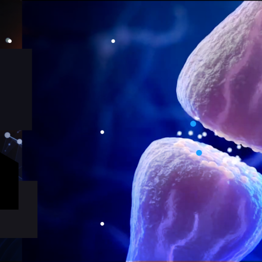 A silhouette of a person in profile thinking, juxtaposed with a close-up illustration of a synapse releasing neurotransmitters in blue light.