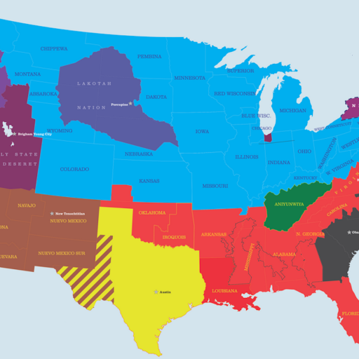 A colorful map of the United States with state boundaries replaced by regions labeled with various unrelated names and entities.