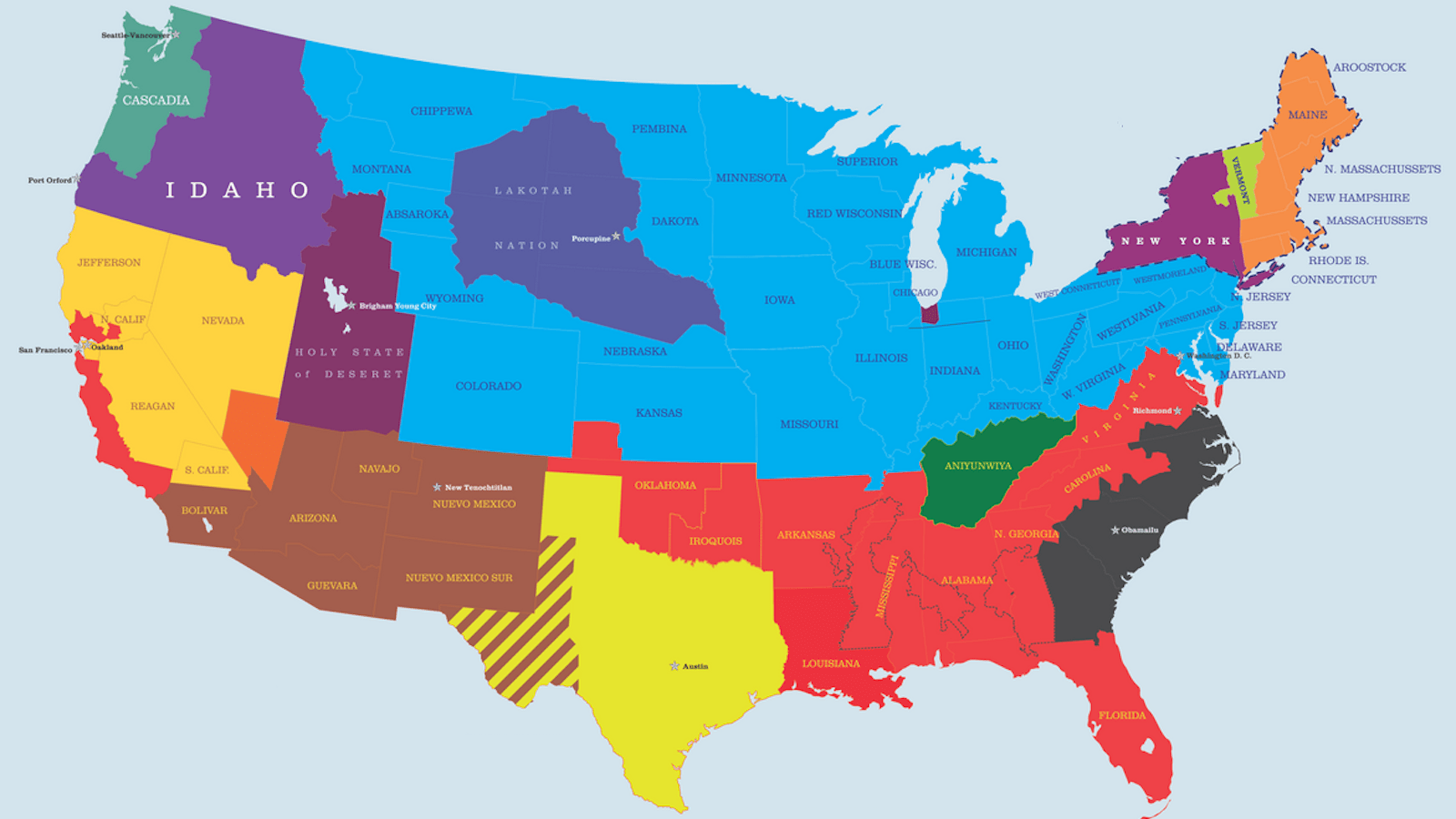 A colorful map of the United States with state boundaries replaced by regions labeled with various unrelated names and entities.