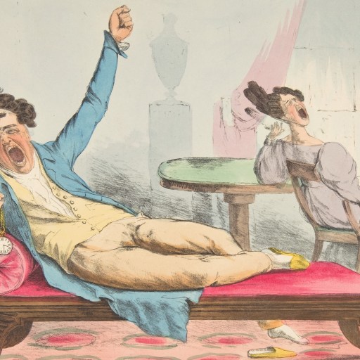A man lounges and yawns on a red chaise longue while a woman in a dress, caught in brilliant boredom, yawns at a table in a room with pink curtains and patterned carpet.