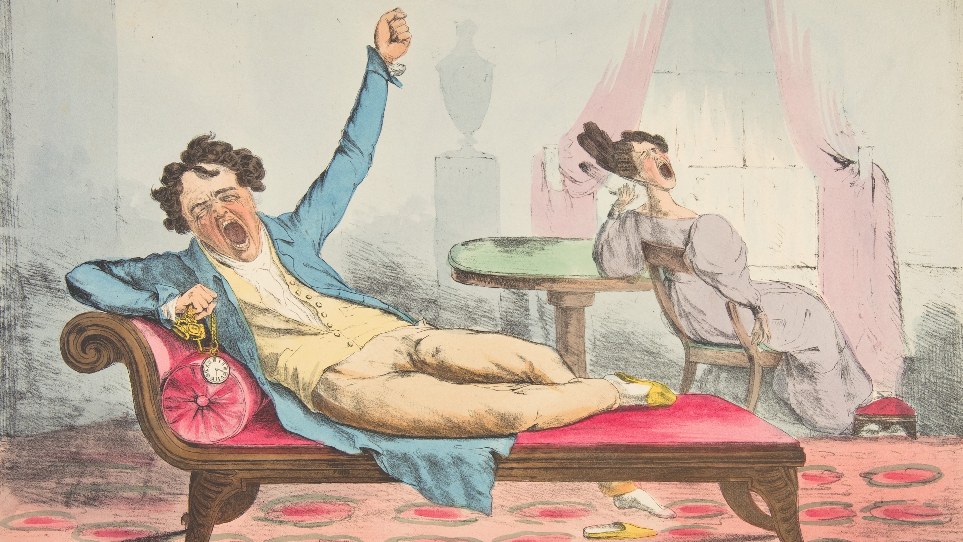 A man lounges and yawns on a red chaise longue while a woman in a dress, caught in brilliant boredom, yawns at a table in a room with pink curtains and patterned carpet.