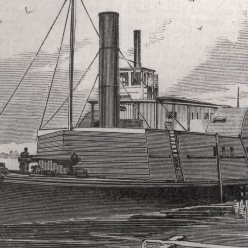 Black and white illustration of a 19th-century steam-powered paddleboat, reminiscent of the one commandeered by Robert Smalls, docked by the shore with smoke rising from its central smokestack.
