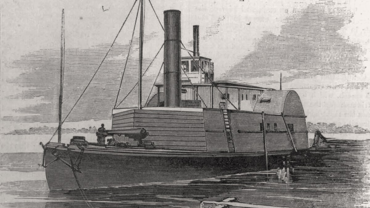 Black and white illustration of a 19th-century steam-powered paddleboat, reminiscent of the one commandeered by Robert Smalls, docked by the shore with smoke rising from its central smokestack.