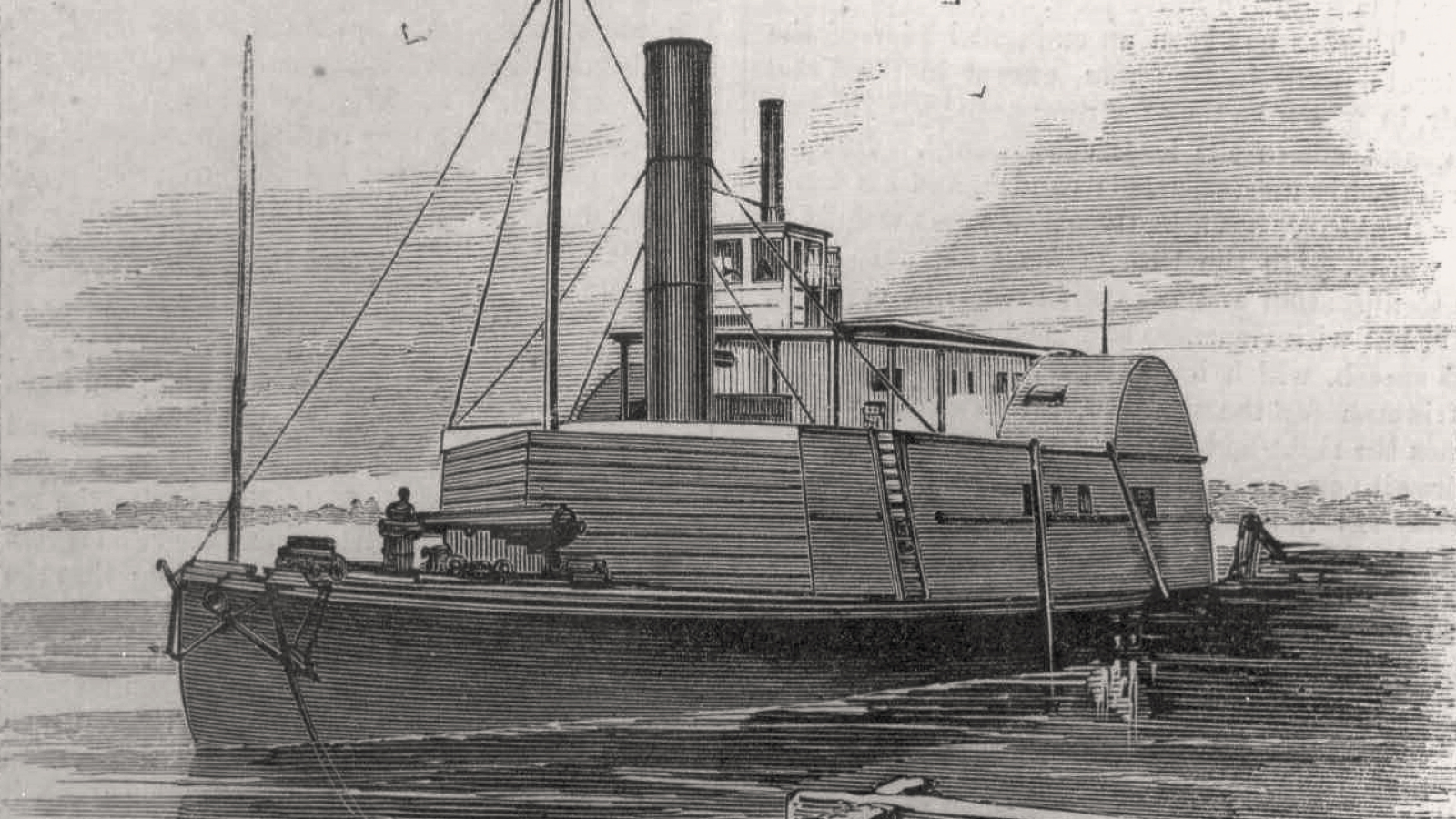 Black and white illustration of a 19th-century steam-powered paddleboat, reminiscent of the one commandeered by Robert Smalls, docked by the shore with smoke rising from its central smokestack.