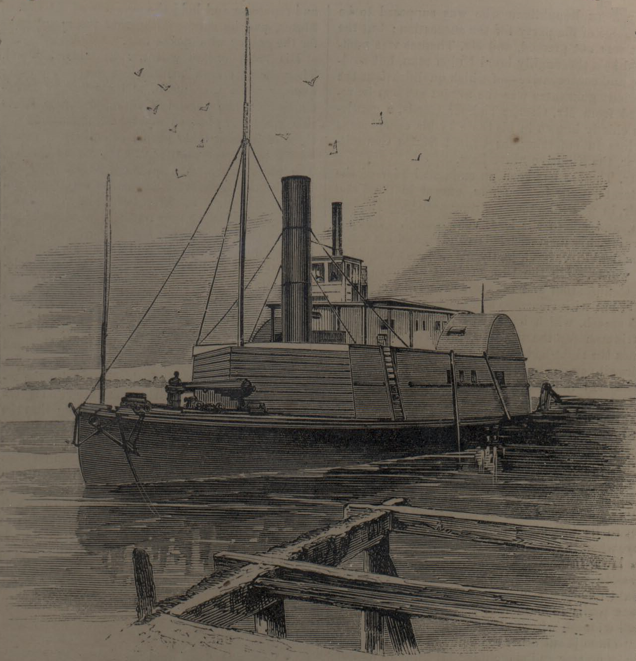 Black-and-white illustration of a paddle steamboat docked by a wooden pier, with birds flying overhead and calm water in the background.
