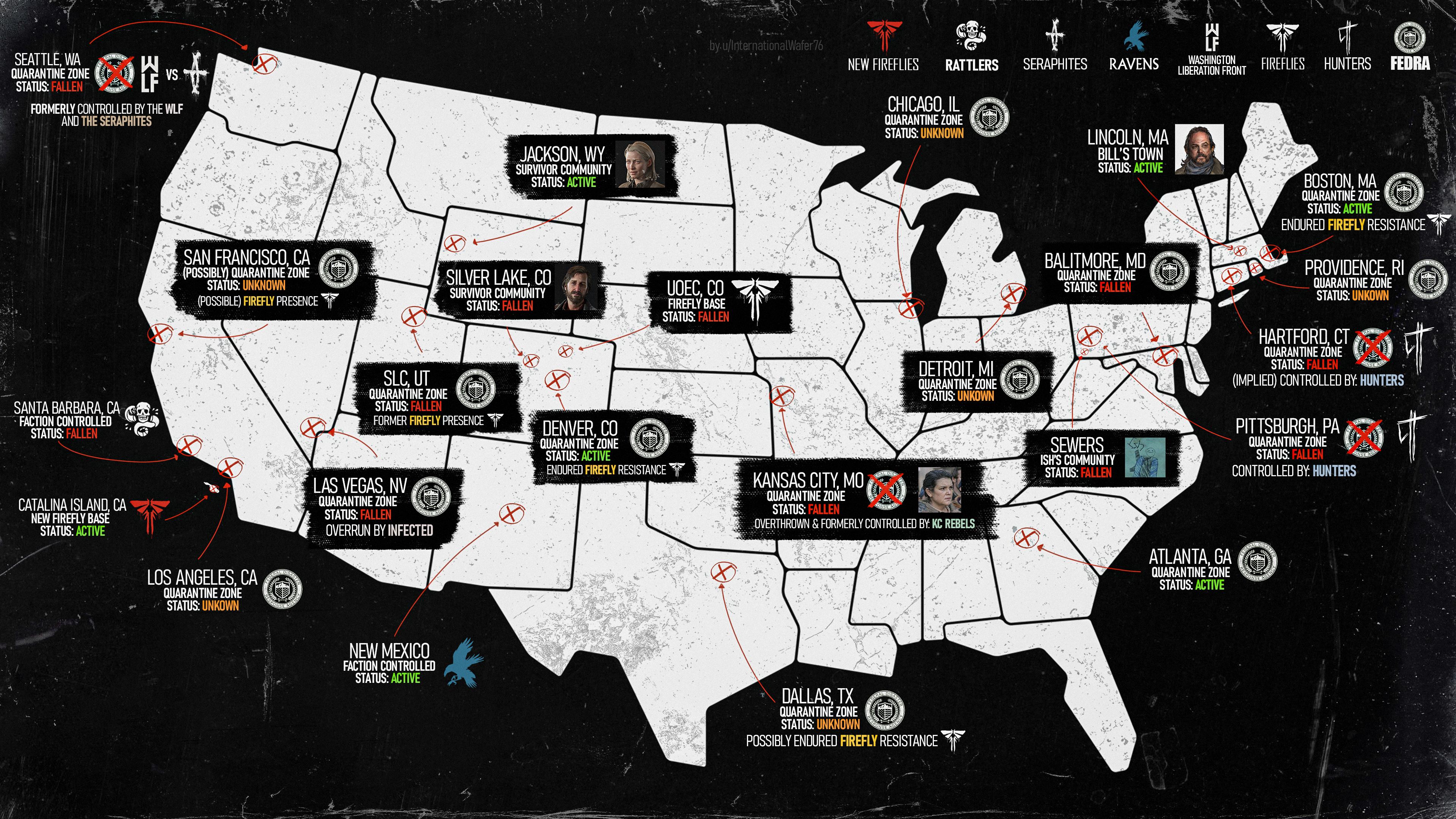 A map of the United States features cities marked with icons and text describing fictional events, characters, and outbreaks from "The Last of Us" video game series.