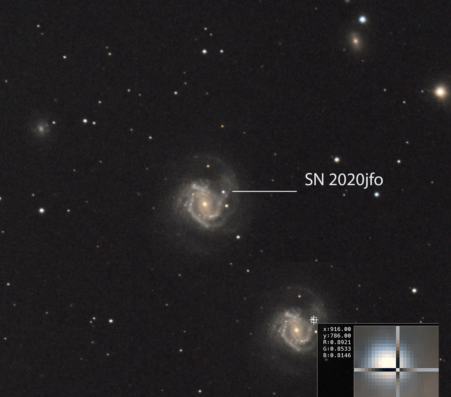 Spiral galaxy with a labeled point, SN 2020jfo, marking a supernova; stars, another galaxy, and a faint stellar stream escaping the galaxy are visible, with a zoomed-in inset highlighting the supernova&rsquo;s location.