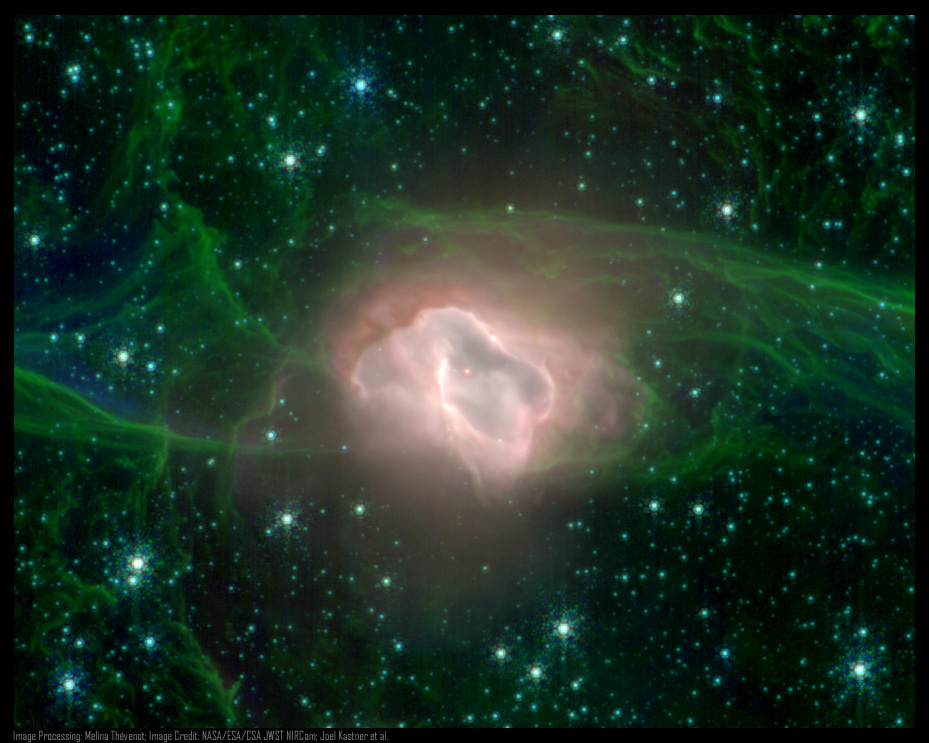 A bright nebula glows at the center of a star-filled space scene, surrounded by wispy green and blue interstellar clouds.