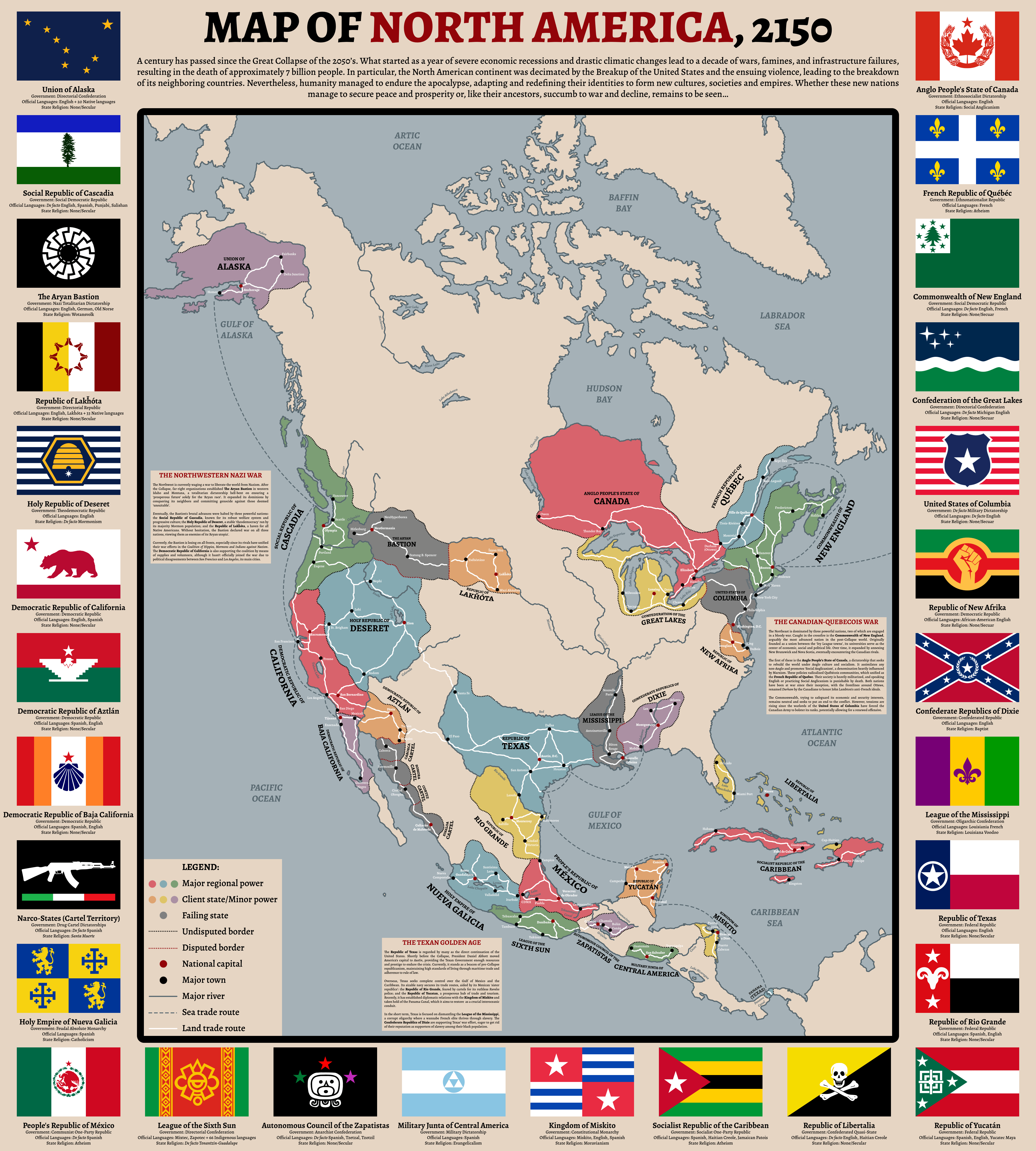 Map of North America in 2150 showing new nations and borders, with national flags and brief descriptions of each country displayed around the map.