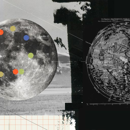 A collage featuring vintage documents, a grayscale moon map with labeled lunar missions, colored dots, and an old astronomical chart on a black background.