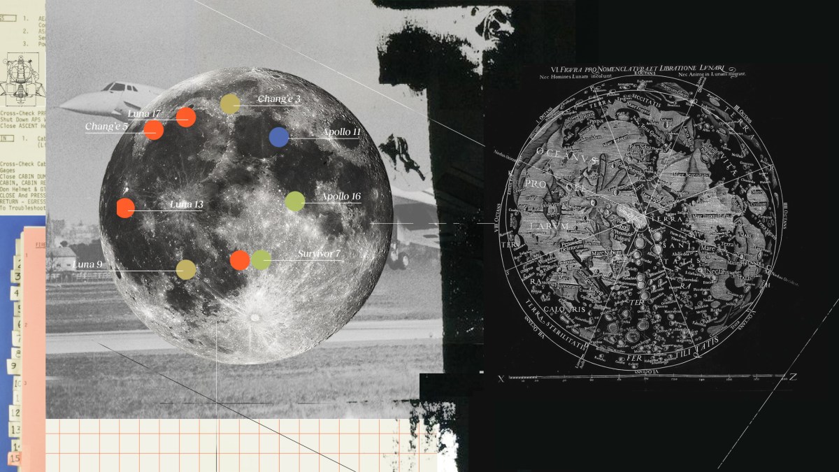 A collage featuring vintage documents, a grayscale moon map with labeled lunar missions, colored dots, and an old astronomical chart on a black background.