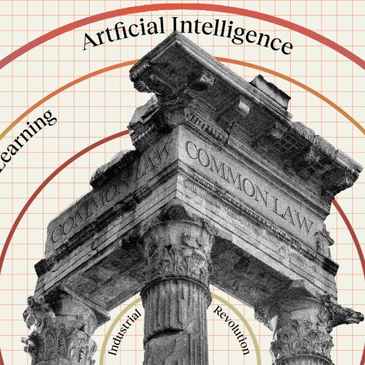 An illustration of a Roman-style ruin labeled "Common Law" is overlaid with concentric semicircles labeled Industrial Revolution, Machine Learning, Artificial Intelligence, and Generative Models.