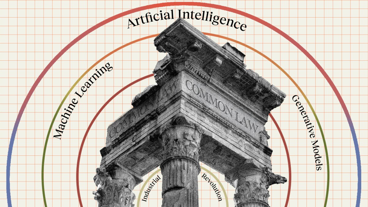 An illustration of a Roman-style ruin labeled "Common Law" is overlaid with concentric semicircles labeled Industrial Revolution, Machine Learning, Artificial Intelligence, and Generative Models.