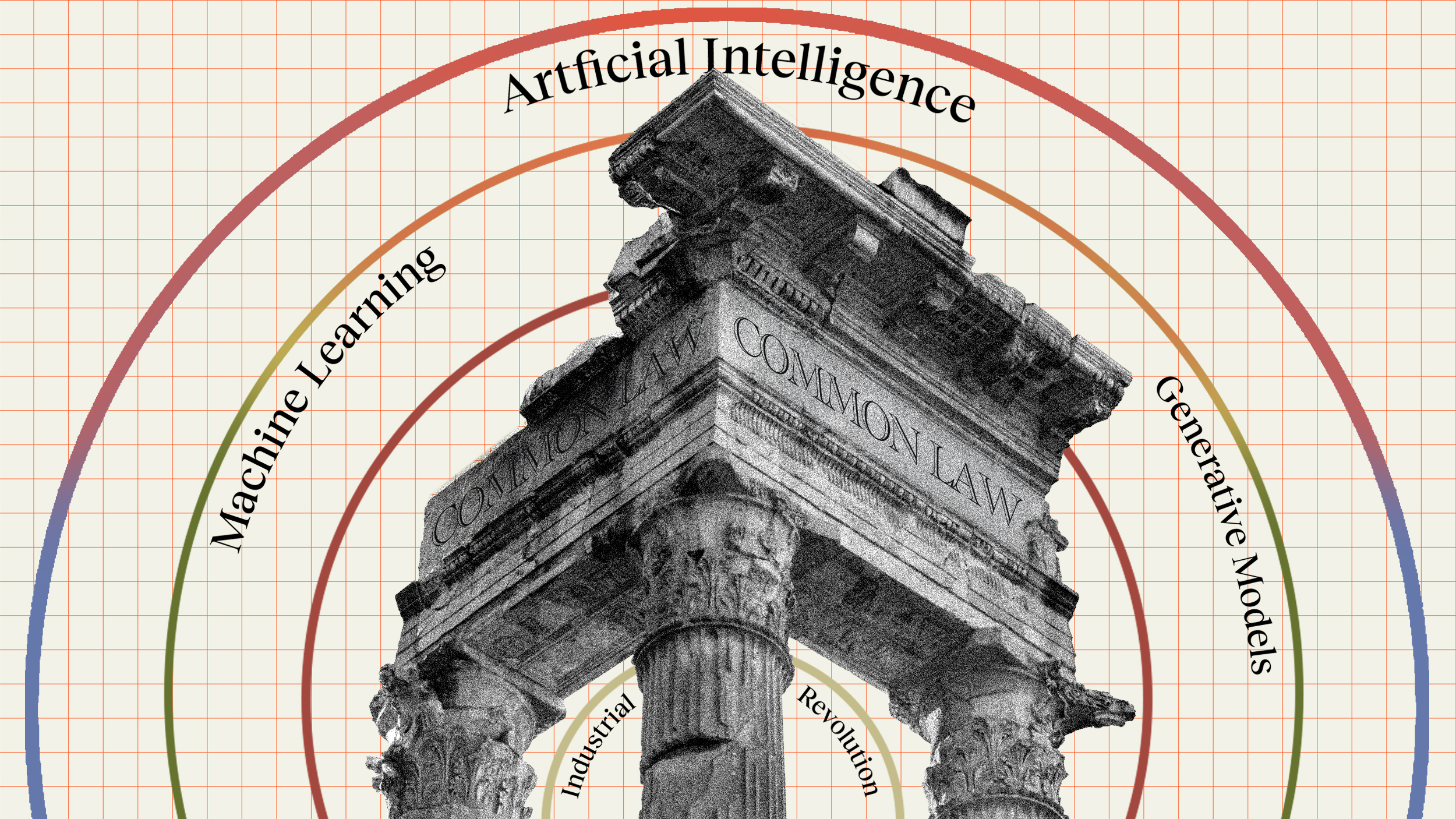 An illustration of a Roman-style ruin labeled "Common Law" is overlaid with concentric semicircles labeled Industrial Revolution, Machine Learning, Artificial Intelligence, and Generative Models.
