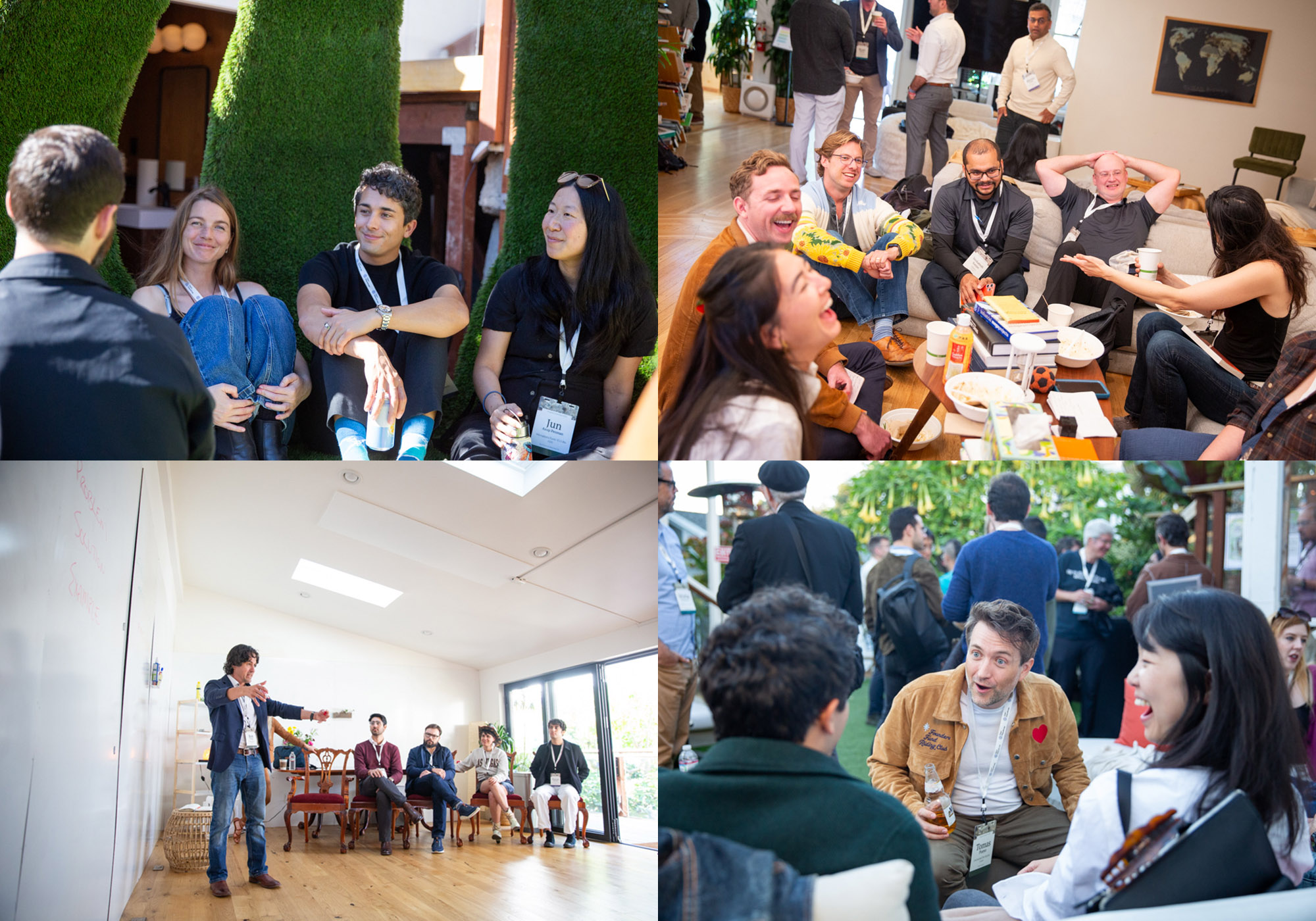 A collage of four images showing groups of people engaged in conversations and activities at a professional or social event, both indoors and outdoors.