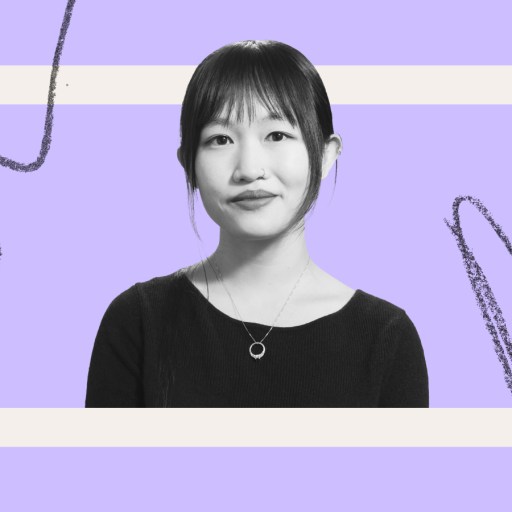 A woman with straight hair and bangs, wearing a dark top and necklace, poses against a light purple background with abstract squiggly lines and a white rectangular frame, reminiscent of an rf kuang book cover.