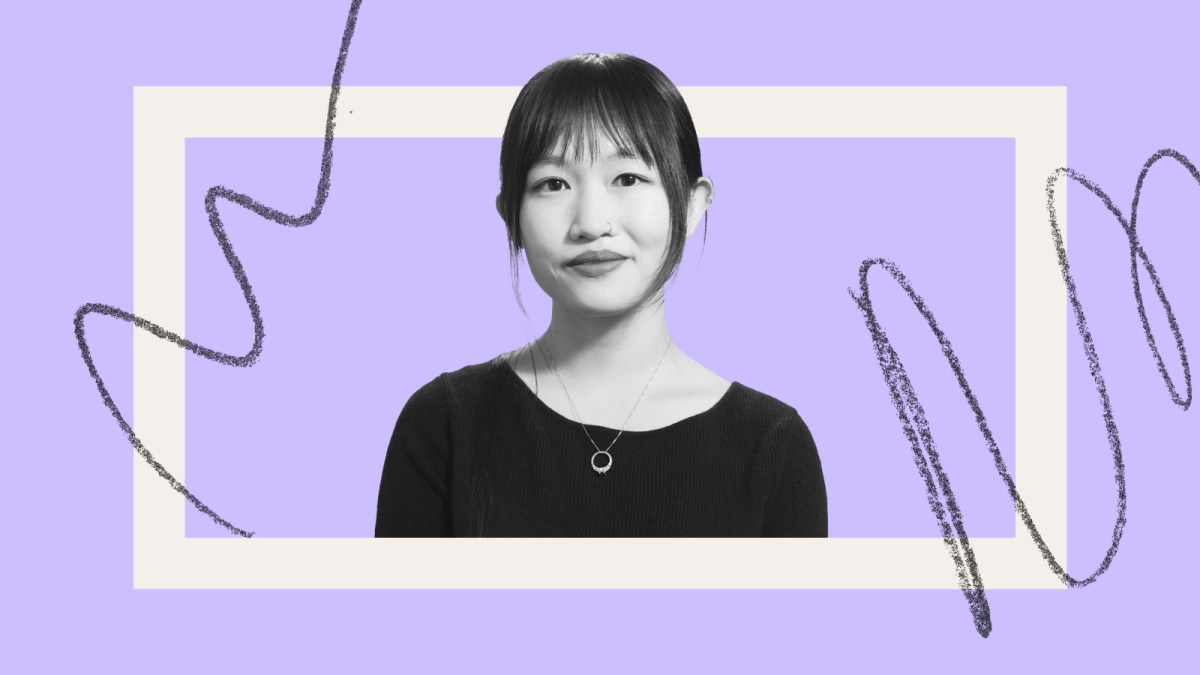 A woman with straight hair and bangs, wearing a dark top and necklace, poses against a light purple background with abstract squiggly lines and a white rectangular frame, reminiscent of an rf kuang book cover.
