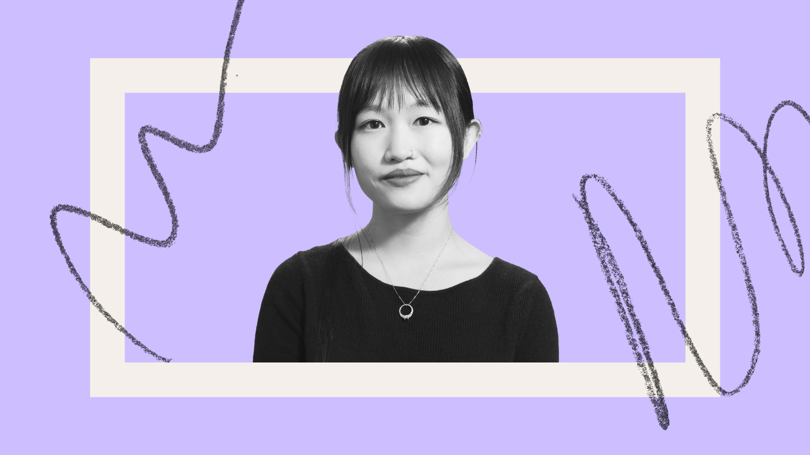 A woman with straight hair and bangs, wearing a dark top and necklace, poses against a light purple background with abstract squiggly lines and a white rectangular frame, reminiscent of an rf kuang book cover.