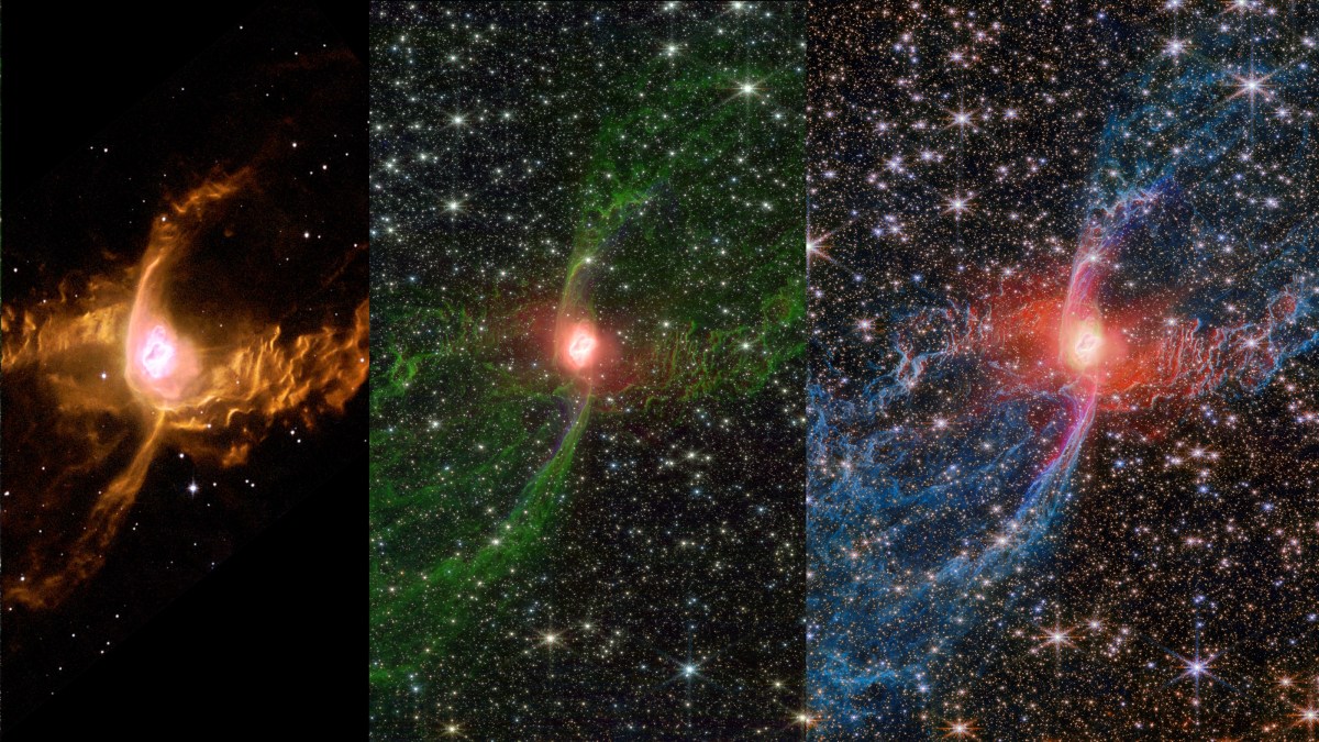 Three side-by-side images show different views of the Red Spider Nebula in space, captured by JWST, with a bright center and colorful gases in orange, green, and blue against a backdrop of stars.