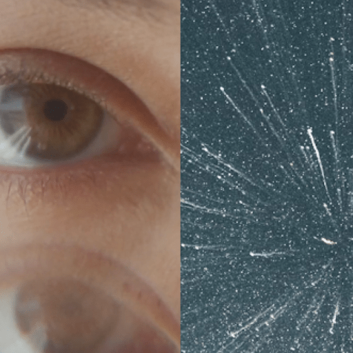 Close-up of a person's brown eye with a double exposure effect on the left; starry sky with light streaks on the right.