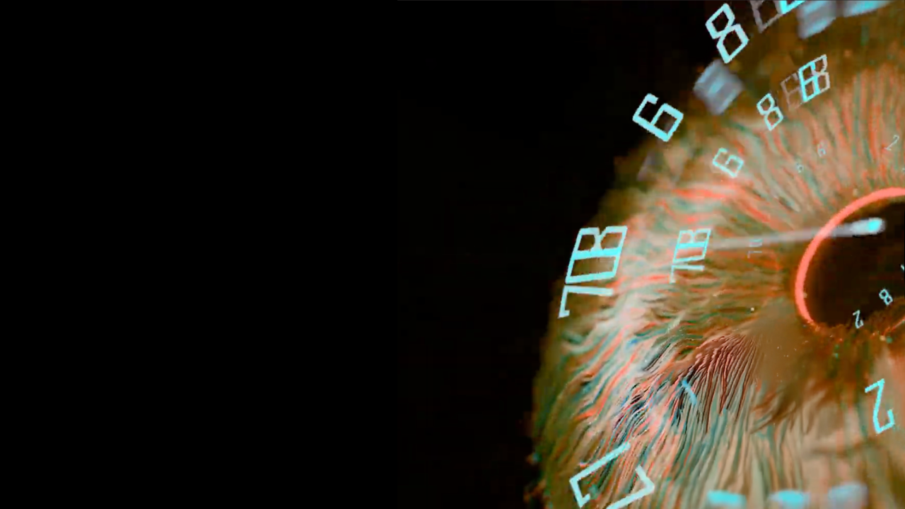 Abstract image showing a partial view of a clock face with distorted numbers and swirling, colorful lines on a black background.