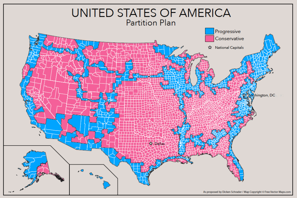 Map of the United States showing a partition plan with counties colored as progressive (blue) or conservative (pink), and national capitals marked with stars.