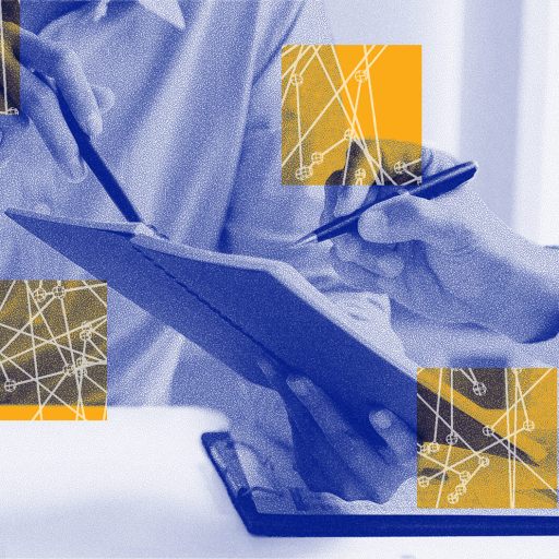 Two people discuss information on a digital tablet, with abstract yellow and white geometric patterns overlaid as they consider the implications of AI reckoning.