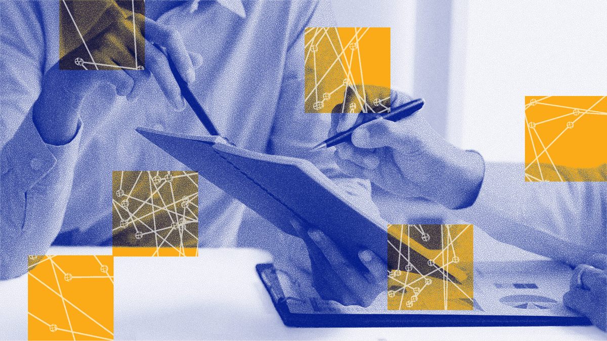 Two people discuss information on a digital tablet, with abstract yellow and white geometric patterns overlaid as they consider the implications of AI reckoning.