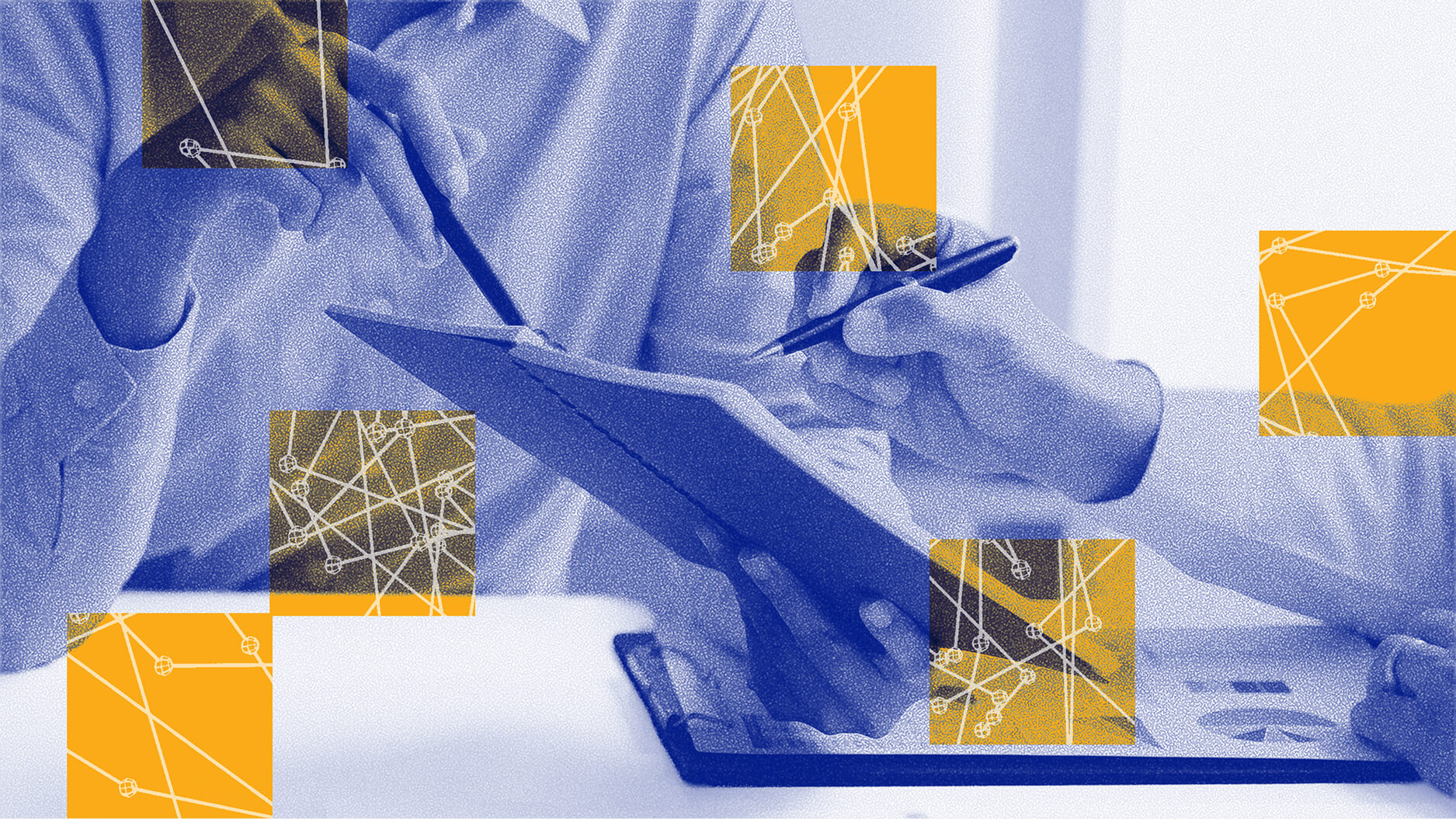 Two people discuss information on a digital tablet, with abstract yellow and white geometric patterns overlaid as they consider the implications of AI reckoning.