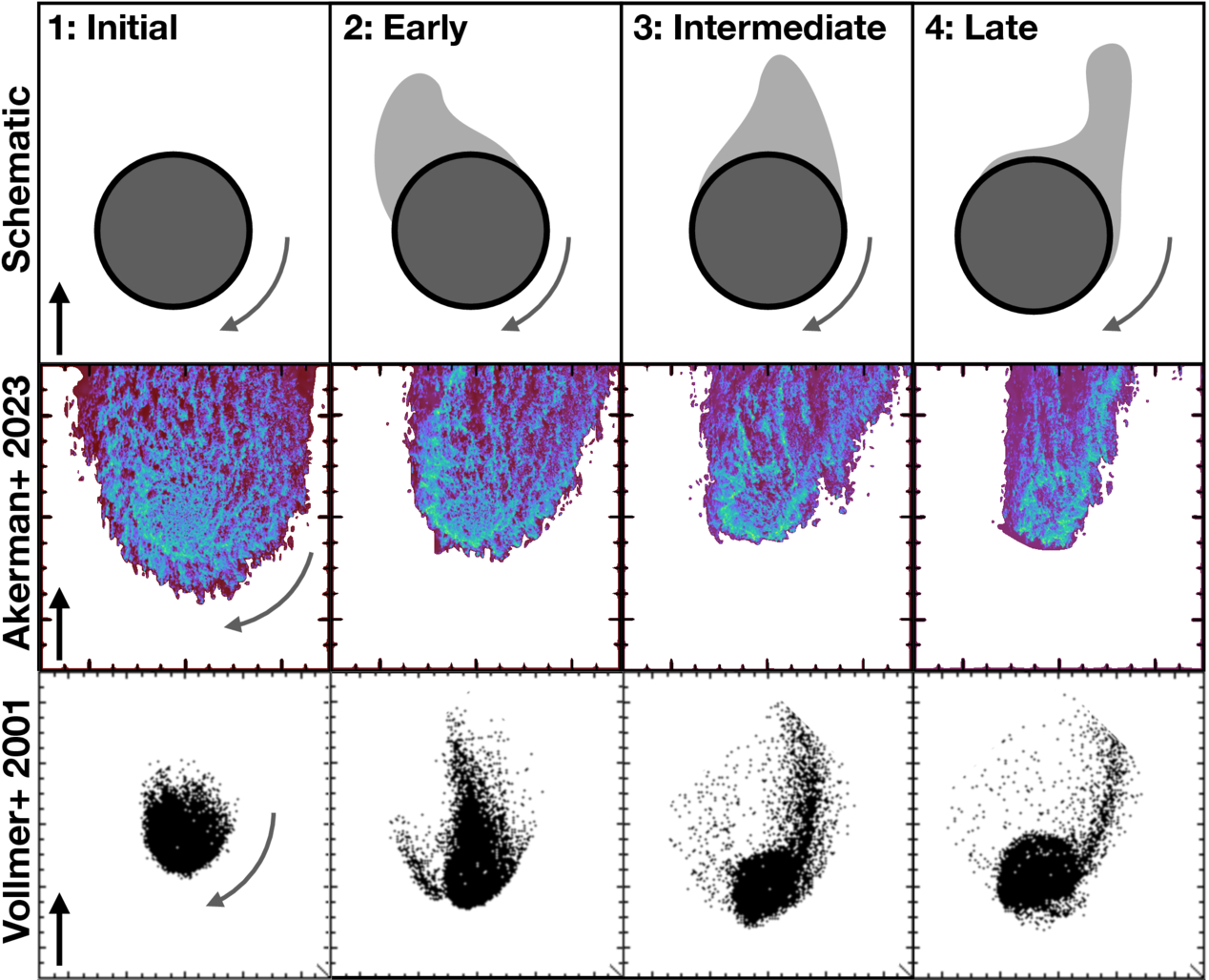 Diagram showing four stages of a process (initial, early, intermediate, late) with schematic illustrations and corresponding data images in two rows from different studies of jellyfish galaxies.